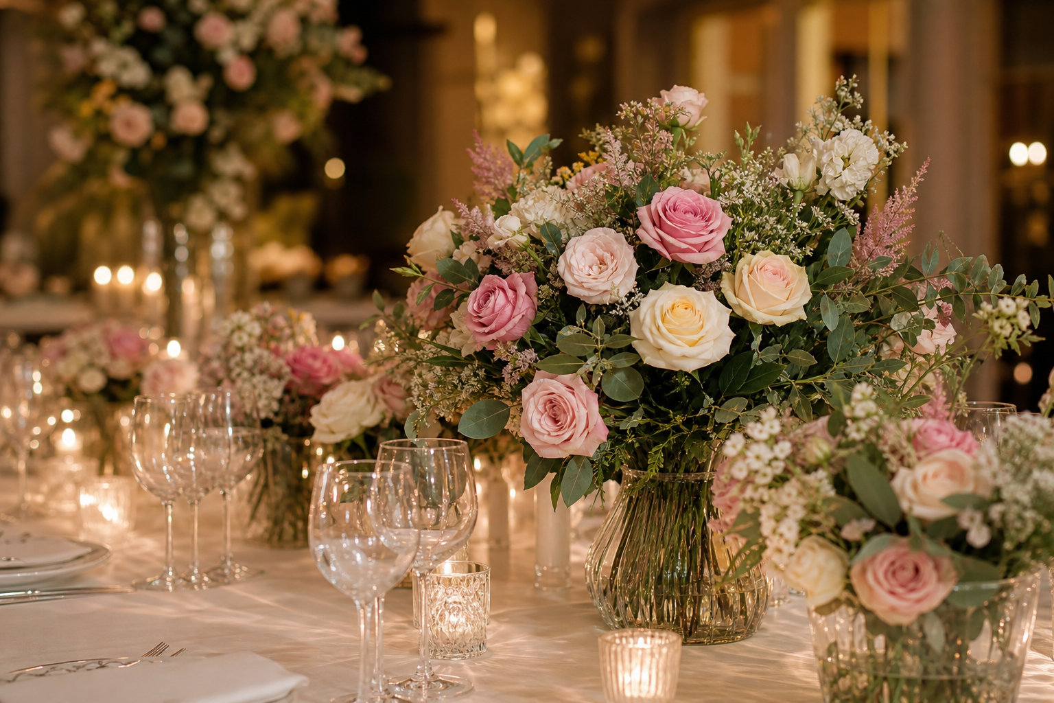 Centros de mesa con rosas y flores estacionales en jarrones de vidrio para eventos