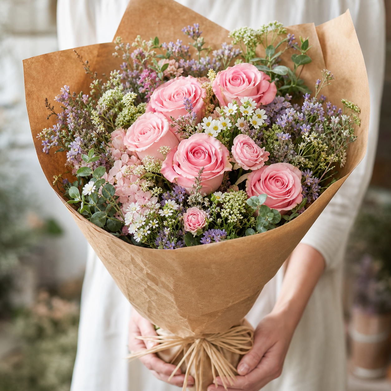 Ramo de rosas rosadas y flores silvestres envuelto en papel Kraft